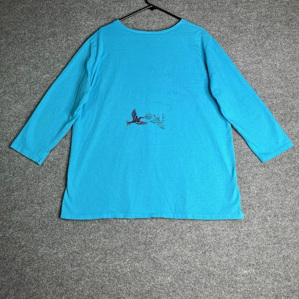 Sabaku Artwear‎ Bouquet Of Hummingbirds Top XL Blue Artsy 3/4 Sleeve